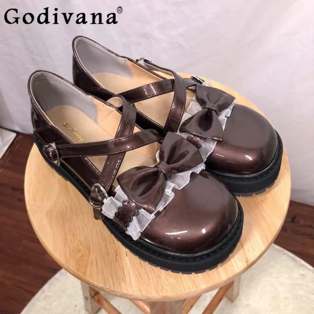 

Sweet Cute Lolita Black Women Single Shoe Lace Bow Round Head Soft Sole Platform Student Shoes