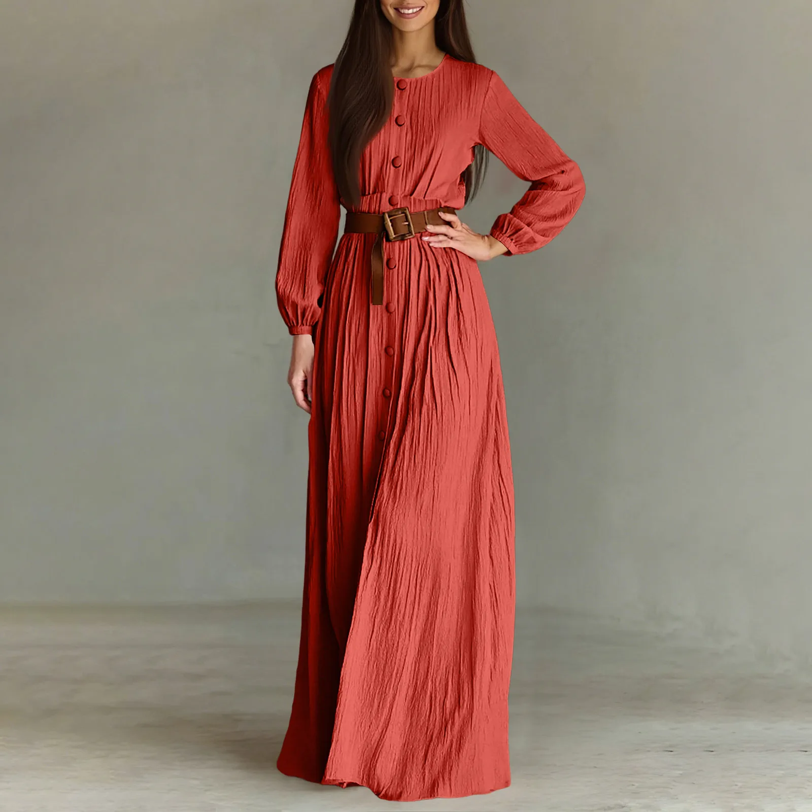 Single Breasted Round Neck Long Sleeved Dress Fashion Casual Dress Without Belt Spring And Autumn Women'S Solid Color Dress