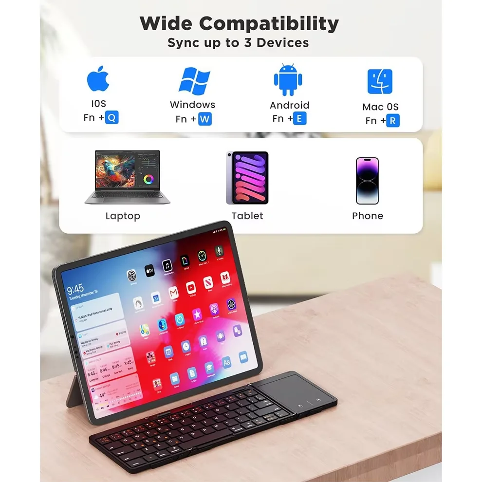 Foldable Bluetooth Keyboard with Touchpad & Display, Rechargeable Wireless Multi-Device Keyboard Connect Up to 3 Devices