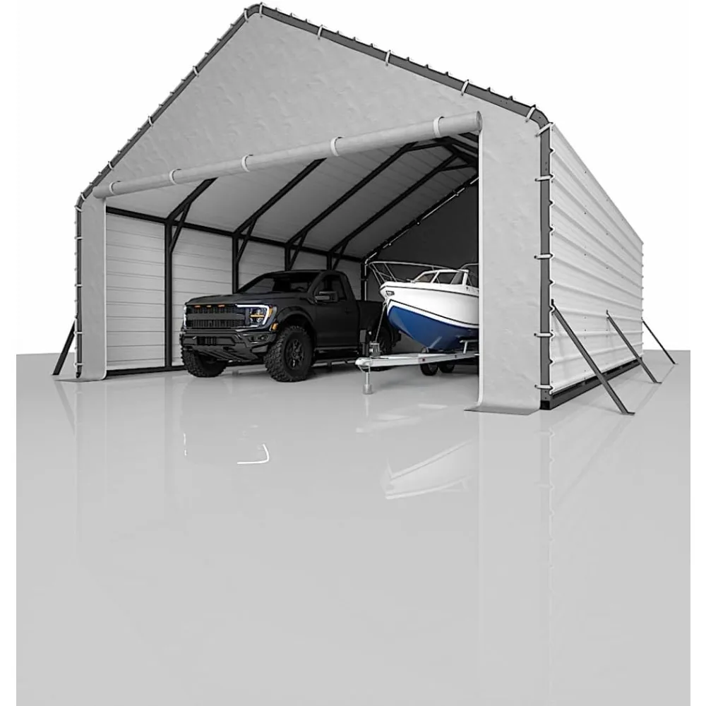 20 ft Carport Enclosure Kit for Metal Carport Heavy-Duty 220gsm PE Roll-Up Zipper Door Panels Weather-Resistant Front & Back Cover with Ball Bungees