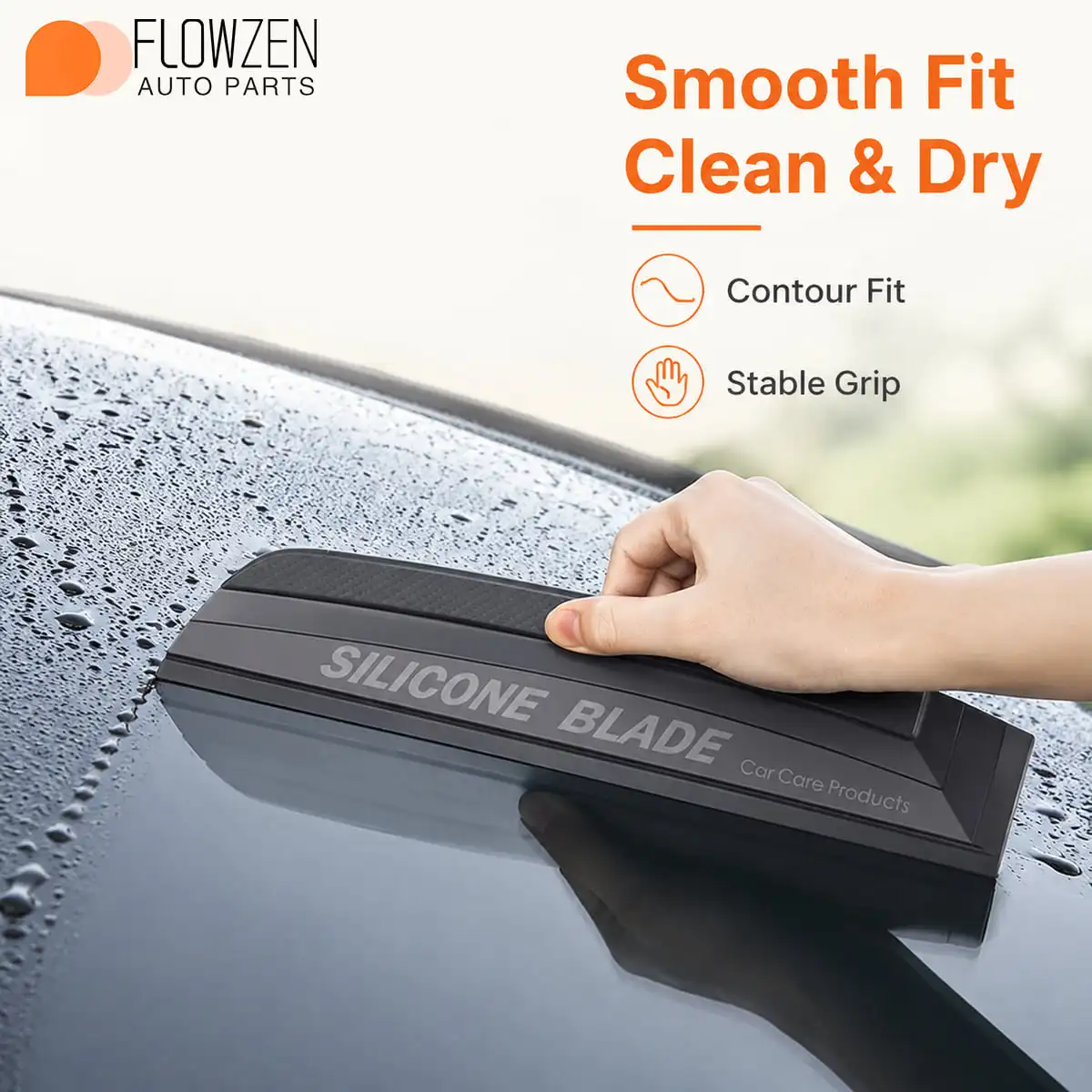 Flowzen 1PC Silicone Car Water Squeegee for Windshield Side Windows Mirrors and Smooth Body Surfaces Black Reusable Tool