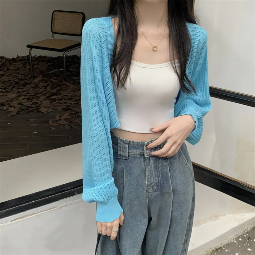 

All-match Hollow Knitted Shawl Long Sleeves Loose Knitted Crochet Top Wraps Thin Knitted Cape Female