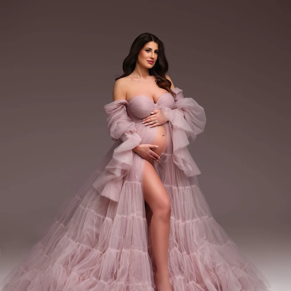 Bella personnalisé rose manches bouffantes multicouche robes de soirée maille tissu bretelles robes de soirée a-ligne robe de mariée 2024