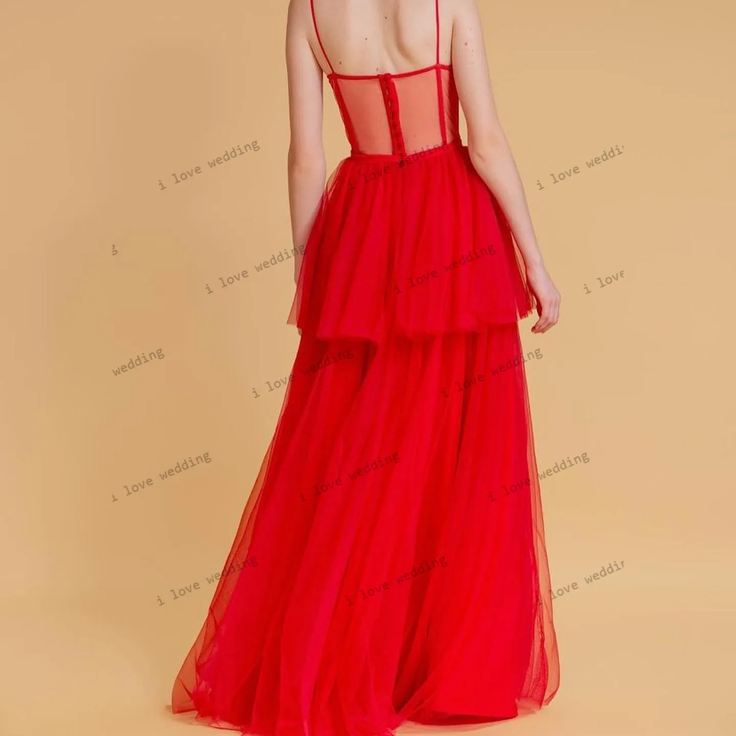 Red Spaghetti Strap Prom Dresses 2025 Elegant Party Dress For Woman Tulle Tiered A-Line Evening Dresses Gala Backless Customized