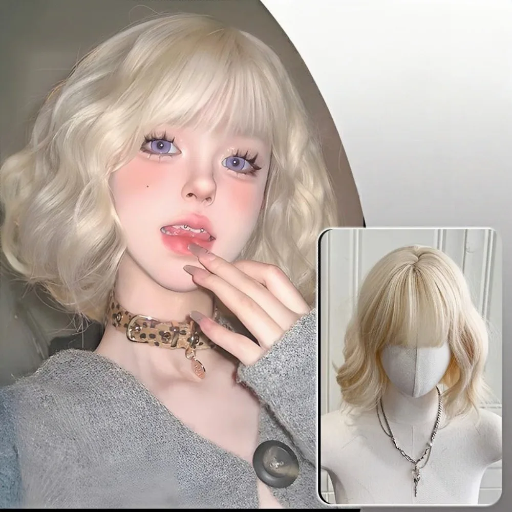 Short Water Wave Bob Synthetic Wig Bangs Sweet Korean Women Daily Campus Party Girly Casual Fashion Costume Hairpiece
