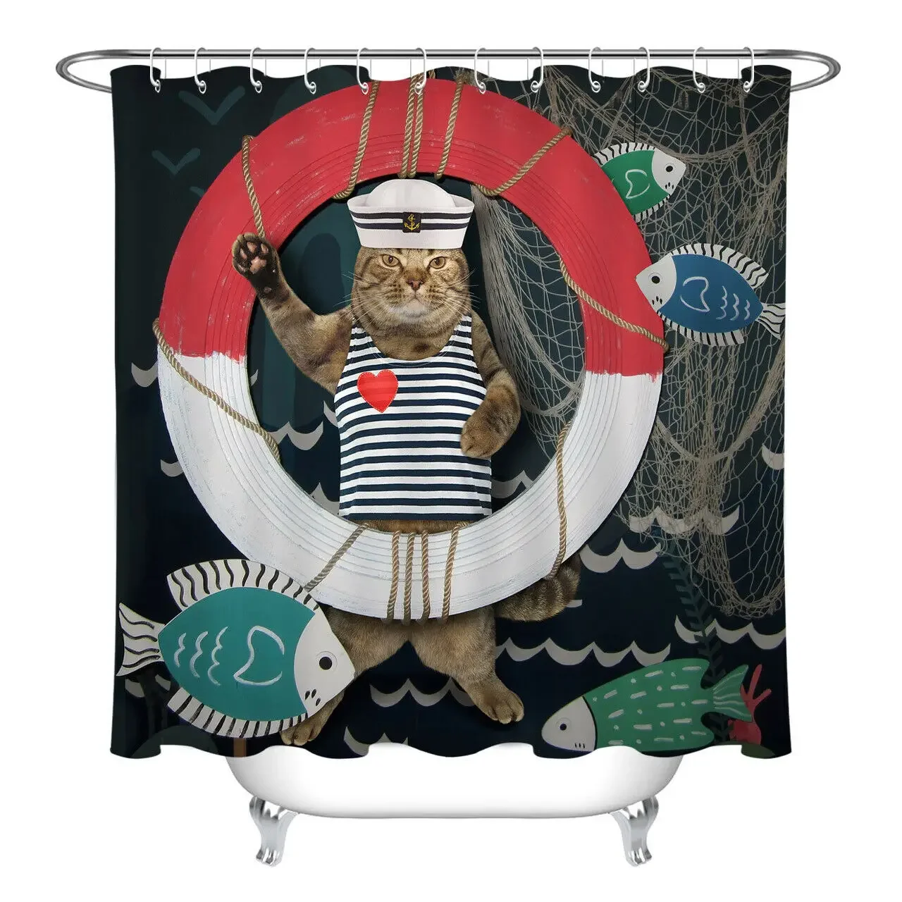 Waterproof Fabric Shower Curtain Set Bathroom Decor Lifebuoy Fish Net Cute Cats