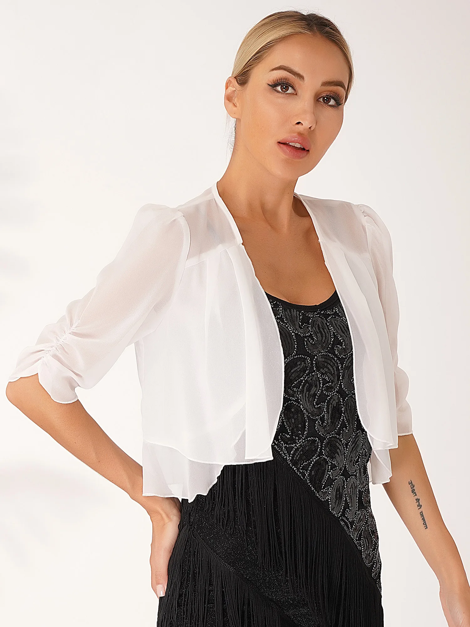 Elegant Women Ruffle Chiffon Shawls Bolero Open Front Cardigan Evening Cape Shrug Tops for Leotard Dress Accessory Cover Ups