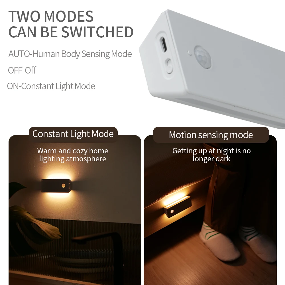 Wooden Motion Sensor Night Light Wireless LED Night Light Type C Rechargeable Light Cabinet Wardrobe Lamp Staircase