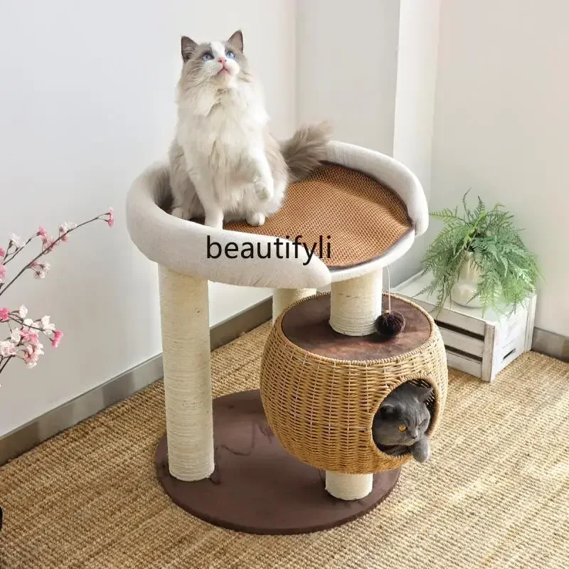 FG40Big Bed Cat Climbing Frame Rattan Cat Tree Integrated Large Sisal
