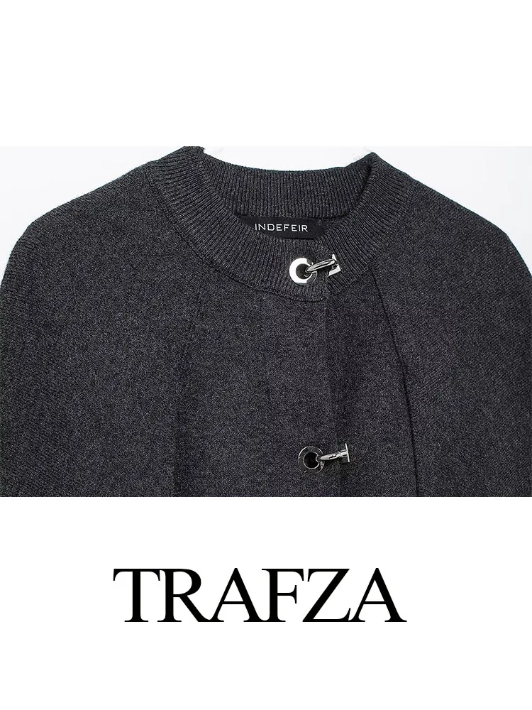 TRAFZA Female Elegant Cape Style Jacket Dark Gray O-Neck Long Sleeve Metal Button Knitted Tops Autumn Coats Woman 2024 Trendy