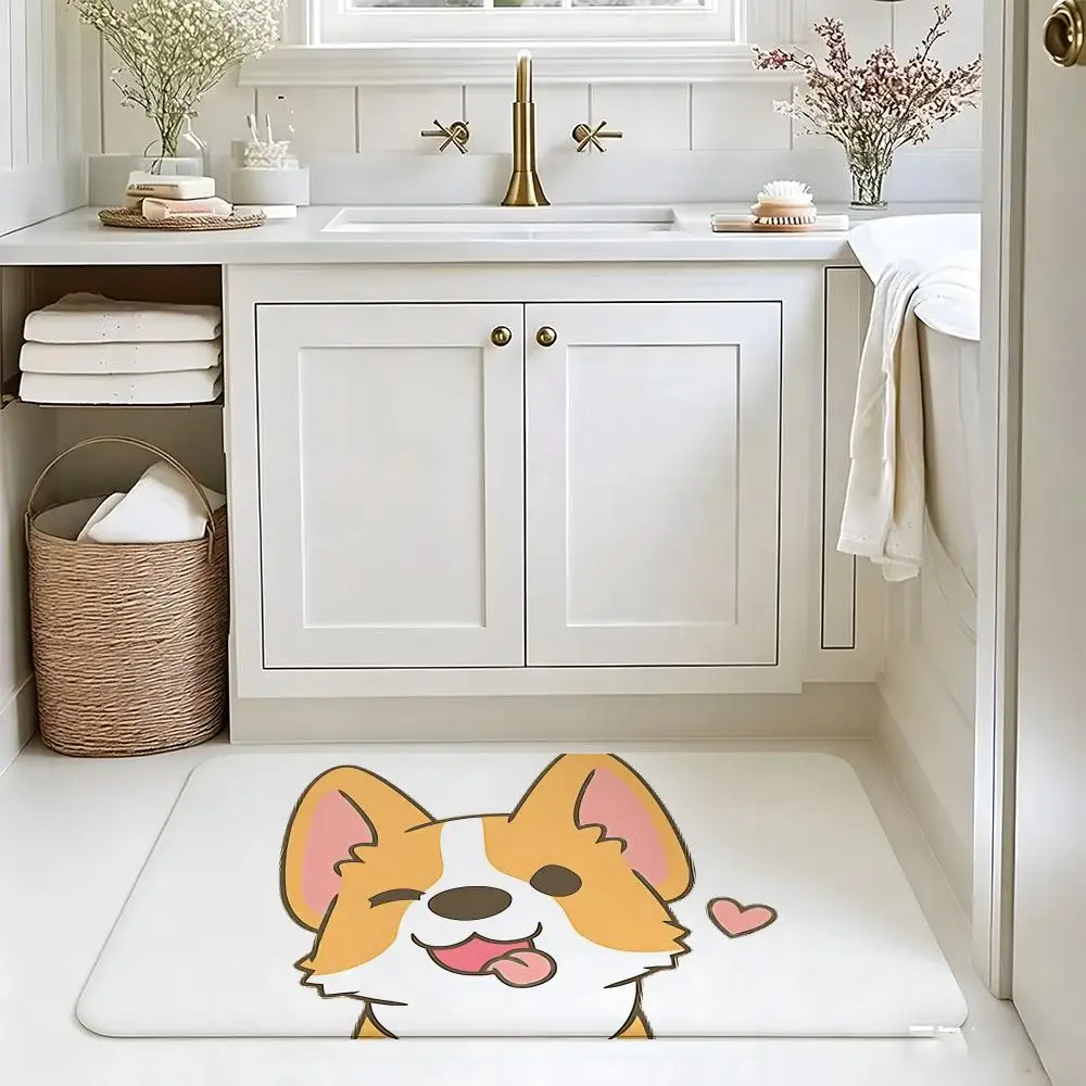 Kawaii Corgi Puppy Floor Mat Carpet Diatom Mud Bathroom Quick-Drying Absorbent Floor Mat Household Bathroom