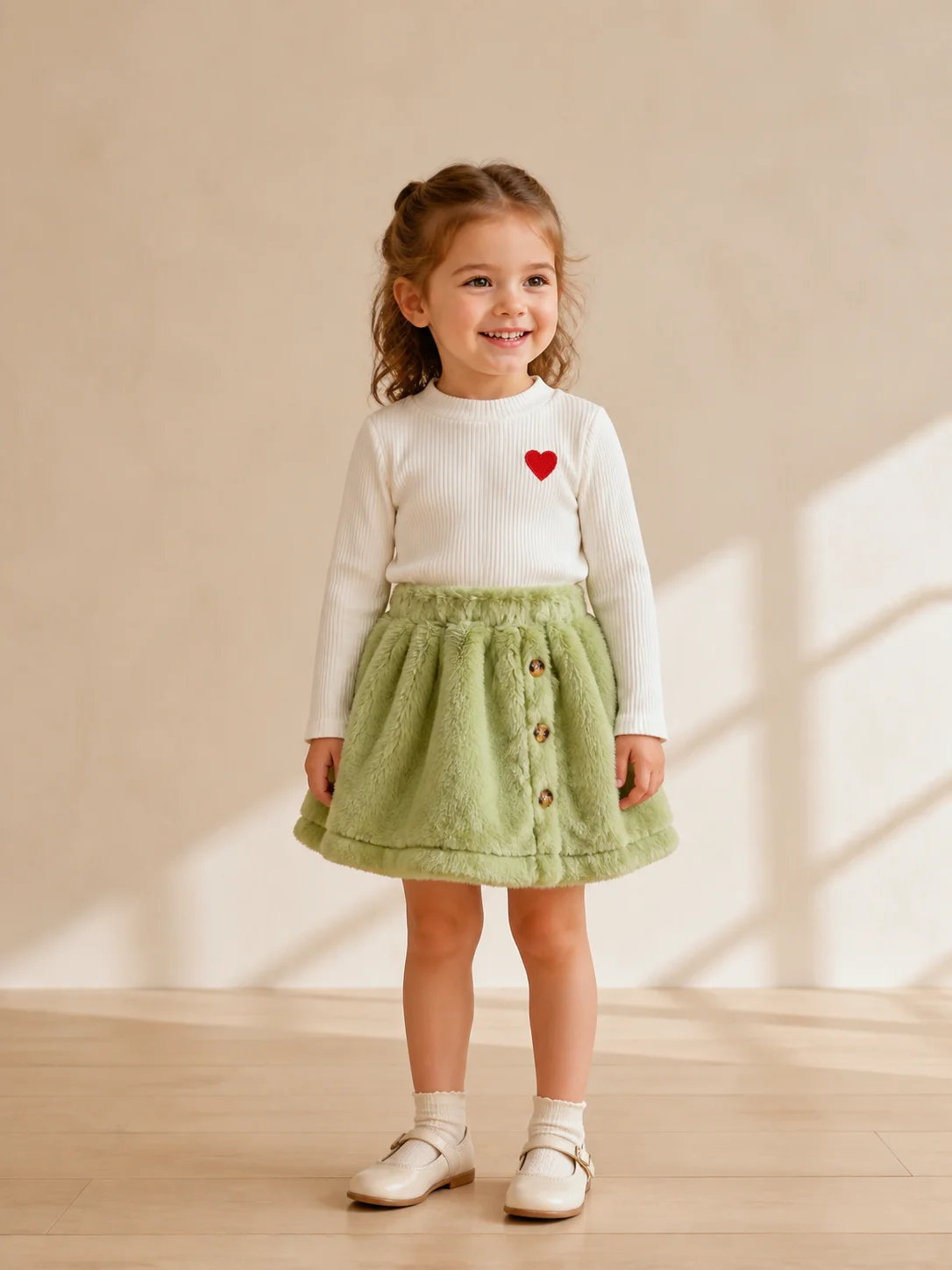Ribbed Knit Top Fuzzy Fleece Skirt 2Pcs Toddler Girl Outfit Red Heart Embroidery Long Sleeve Shirt Plush Button Mini Skirt Set