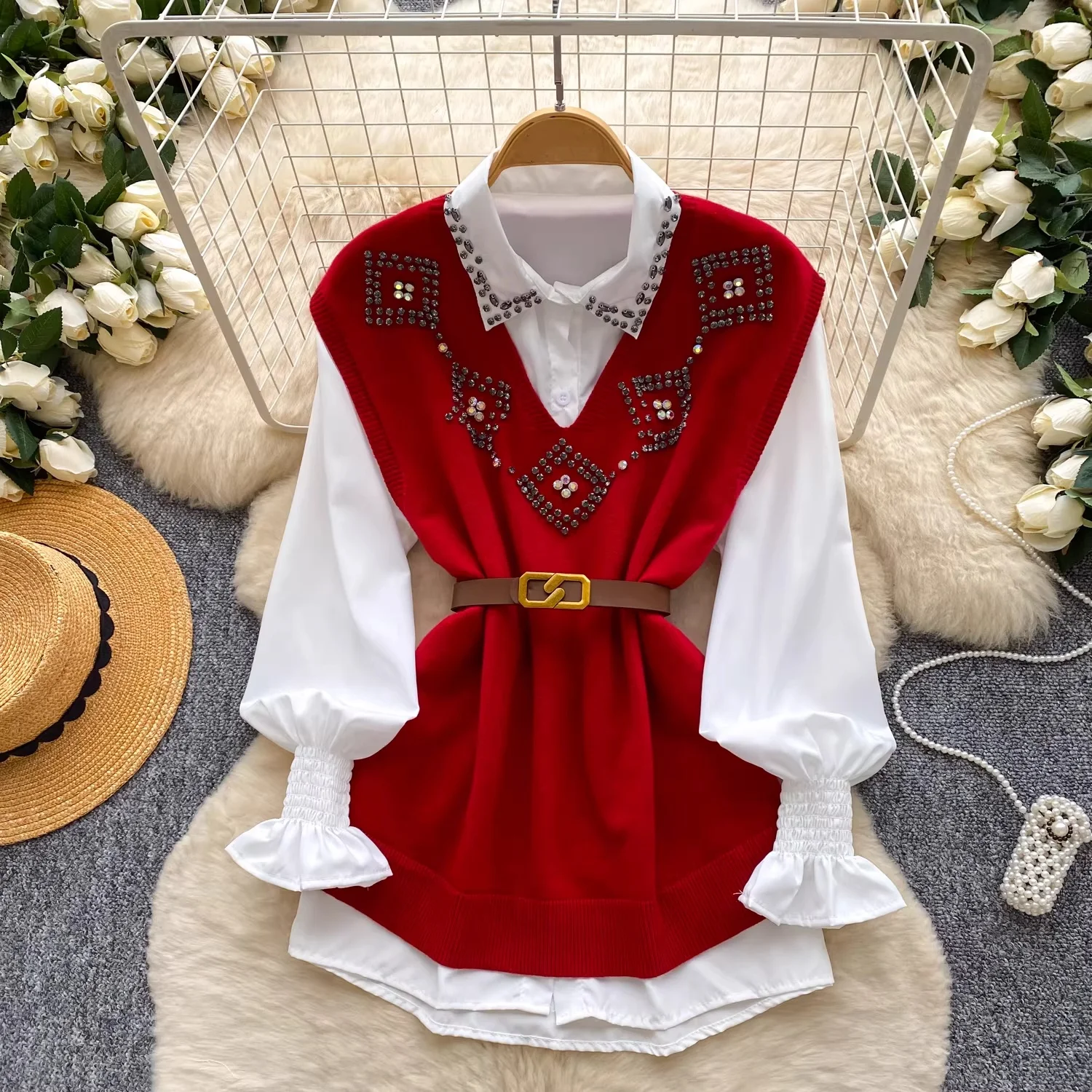 

Clothland Women Elegant Beaded Knitting Suit Basic White Shirt With Belt Vest Waistcoat Female Two Piece Set LB432
