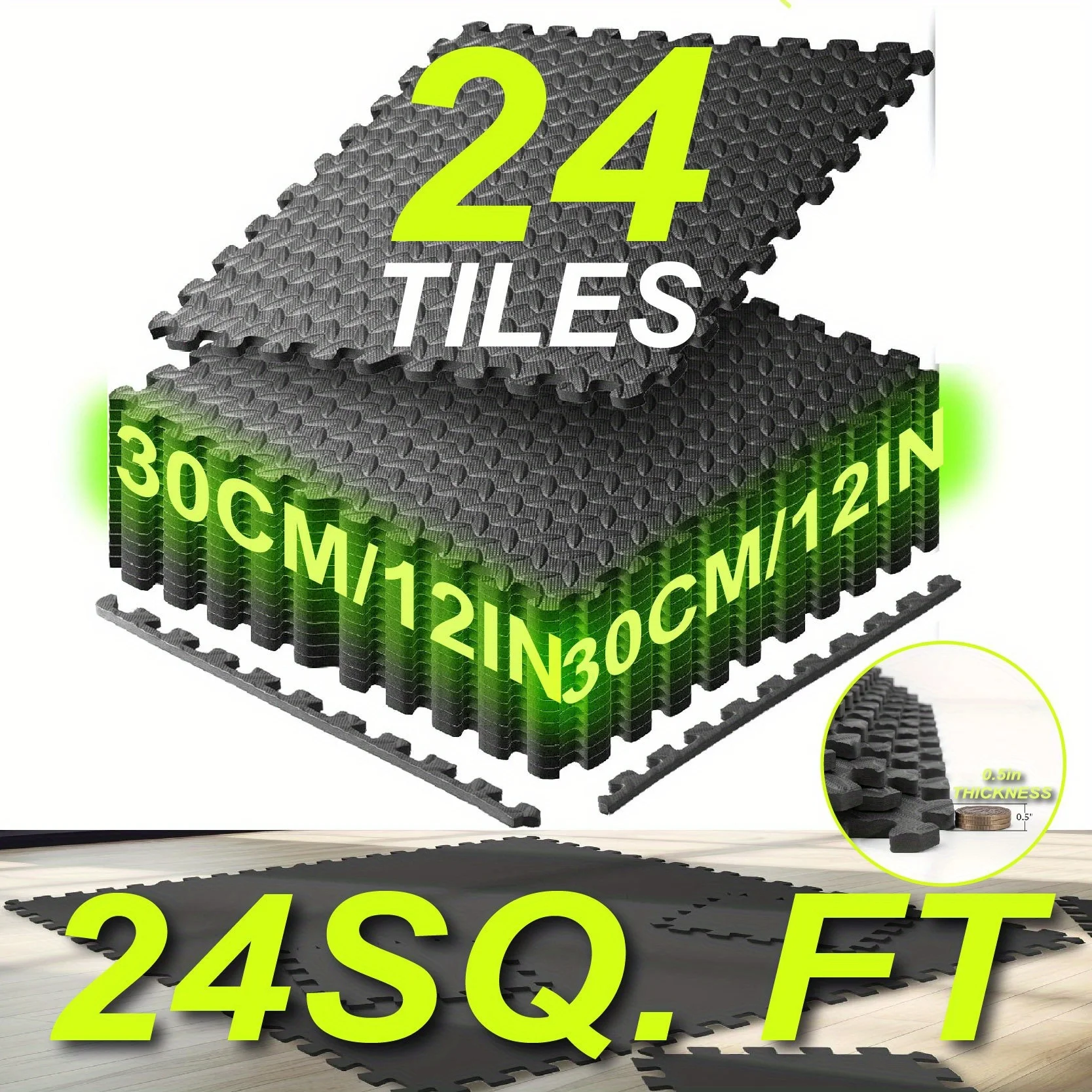 

24/48 Tiles Puzzle Exercise Mat, EVA Interlocking Foam Gym Mats, 12'' X 12''Or 24'' X 24'' EVA Foam Floor Tiles, Protective Flooring Mats for Workout Equipment, Home Gym, Weightlifting, Play Area, Gift for Halloween, Thanksgiving, Christmas