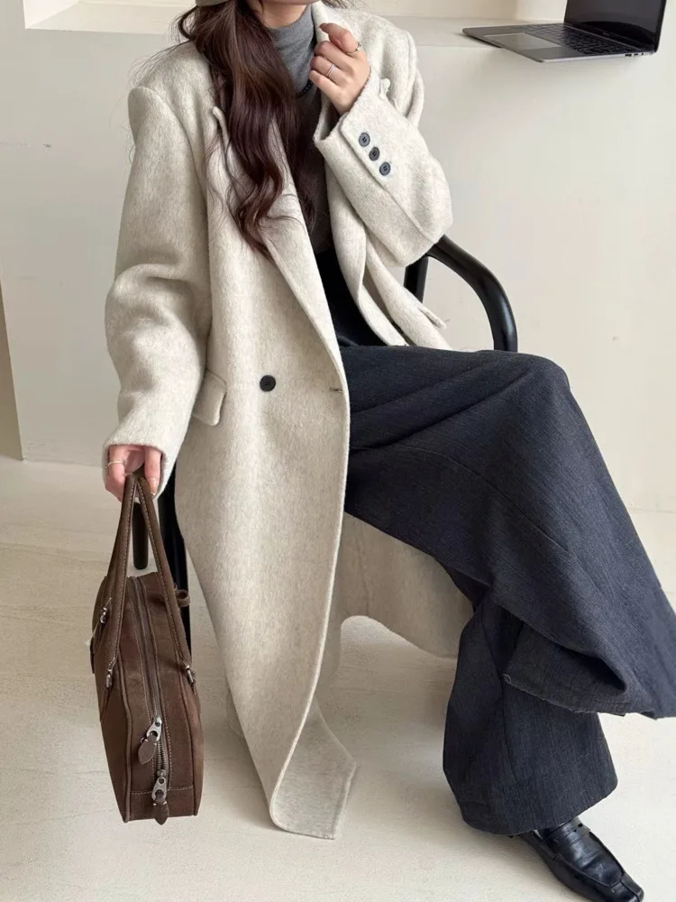 ZMEENNA Cappotto lungo classico oversize in misto lana da donna con design con risvolto dentellato e chiusura con un bottone ZM3670