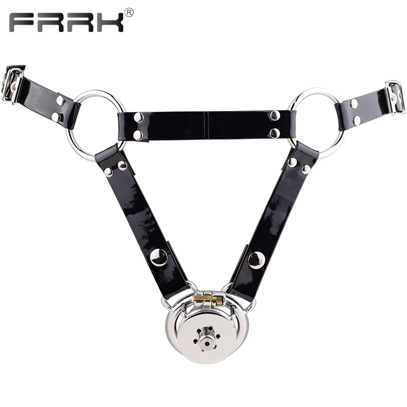 FRRK Inverted Cylinder Negative Male Chastity Cage Device with Catheter PU Harness Belt for Men BDSM Sex Toys Metal Penis Rings