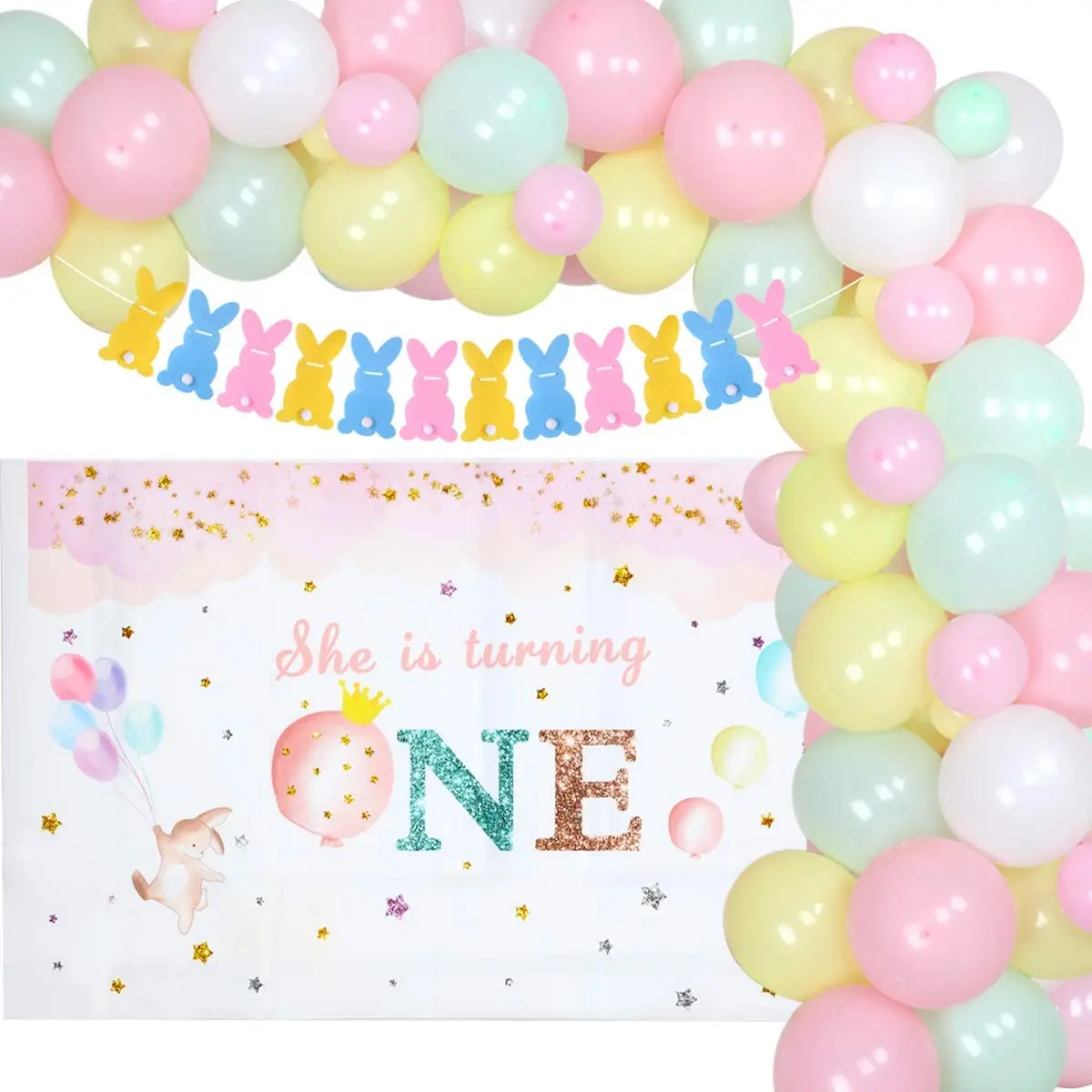 

Sursurprise-Bunny Garland Arch Kit for Girls, Pastel Color Balloon, Bunny Backdrop, Rabbit Banner, 1st Birthday Party Decoration