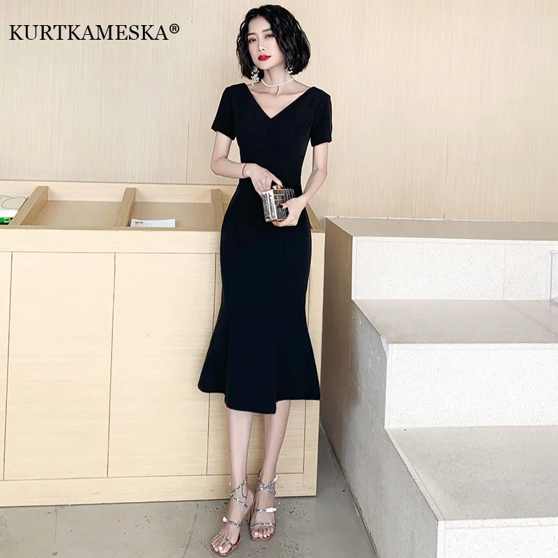 Blcak Evening Dress Middle Length Dresses for Women Short Sleeves Birthday Party Elegant Long Sexy Dress Women Wedding Dresses