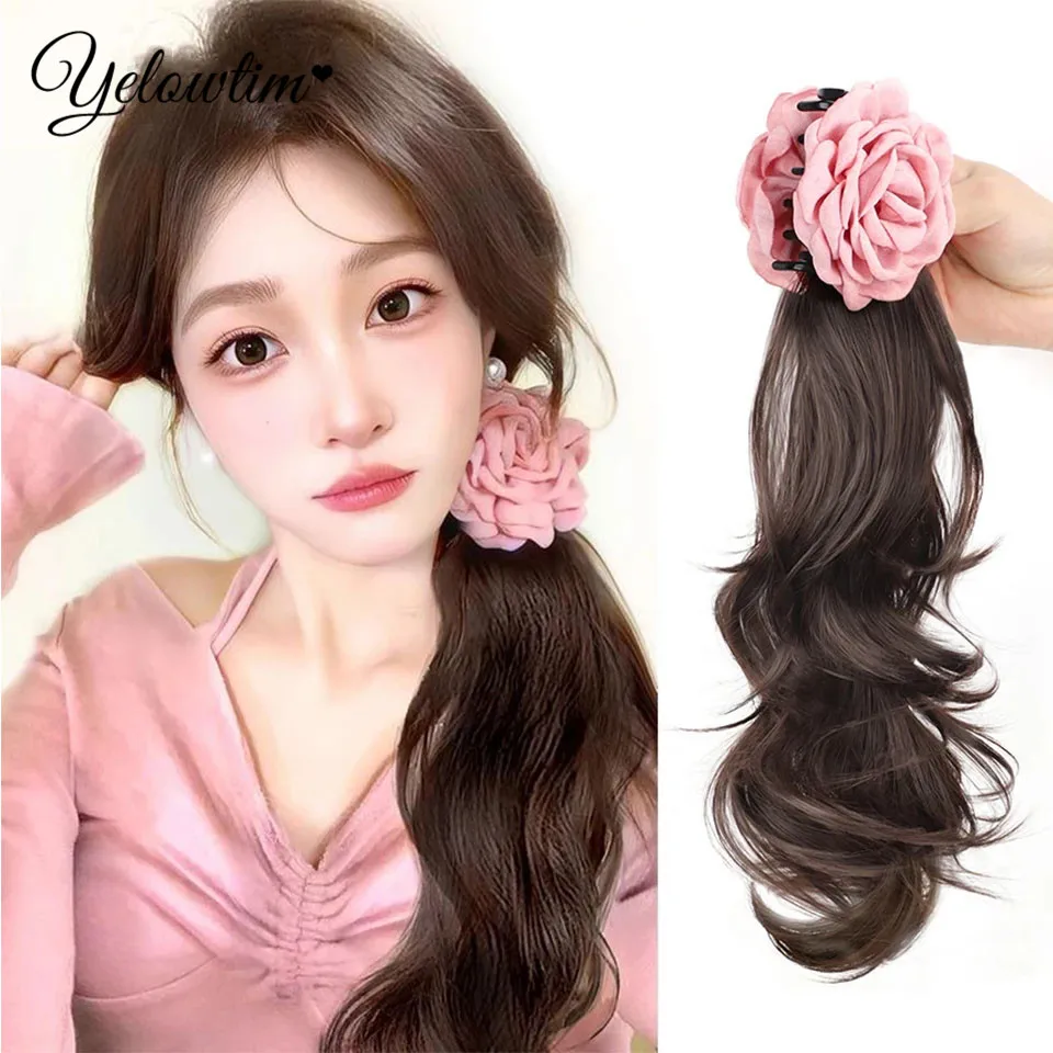 Rose Claw Clip In Wavy Ponytail Extensions Synthetic Fiber Hair Piece 18 Inch Long Wavy Ponytail Extensions For Women Girls