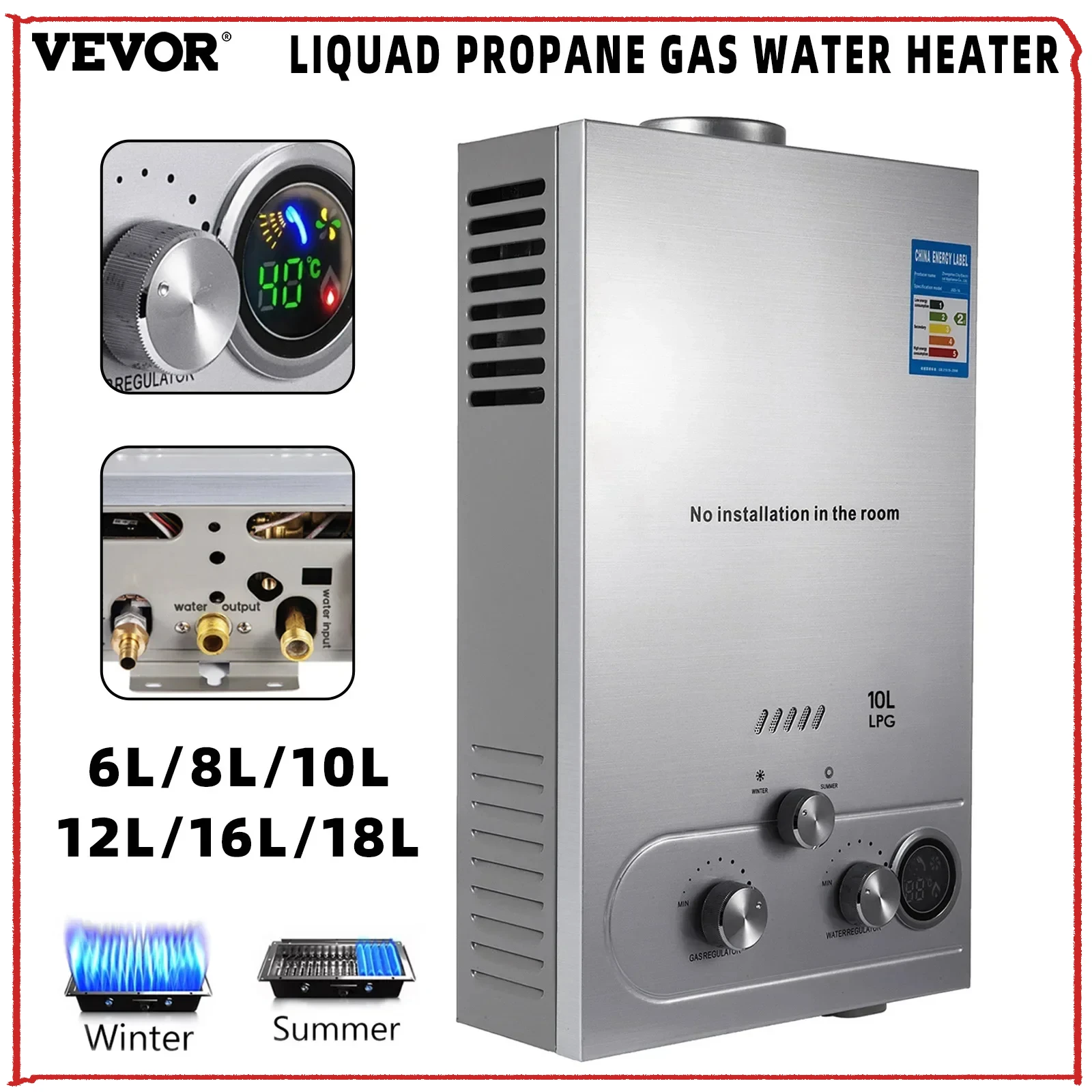 VEVOR 6L 8L 10L 12L 16L 18L LPG Portable Instand Water Heater Propane Gas LPG Wall-Mounted Tankless Water Heater Digital Display