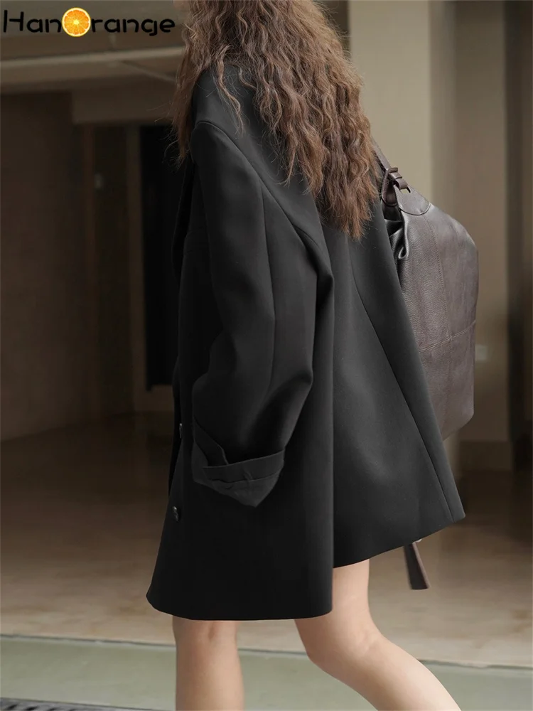 HanOrange 2024 Spring Fashion Retro Wide Shoulder Double Breasted Suit Coat Women 3D Straight Wide Blazer Black/Oat