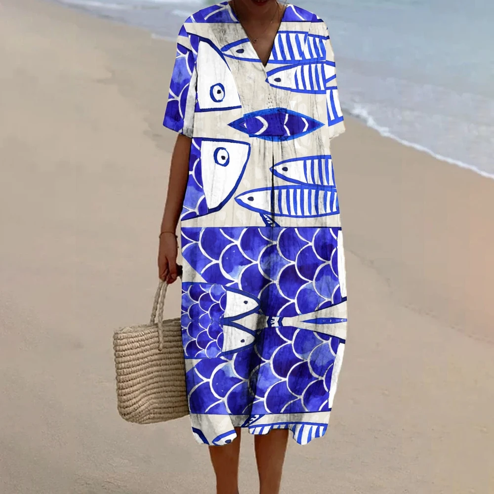 Robe de vacances à imprimé de poisson sardines pour femmes, tenue chic, robe fluide, marque de créateur, mode de luxe, plage, modaling