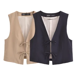 Willshela Women Fashion Solid Bow Lace Up Sleeveless Jacket Vintage V-Neck Vest Female Office Lady Waistcoats