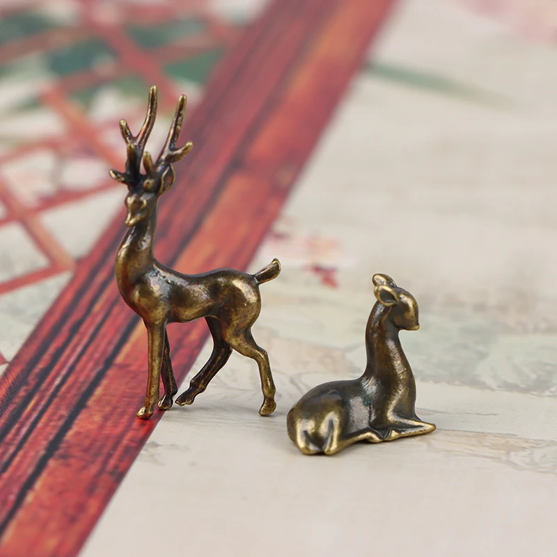 Retro Bronze Deer Small Ornaments Copper Sika Deer Micro Landscape Figurine Desktop Antique Home Decor Gift