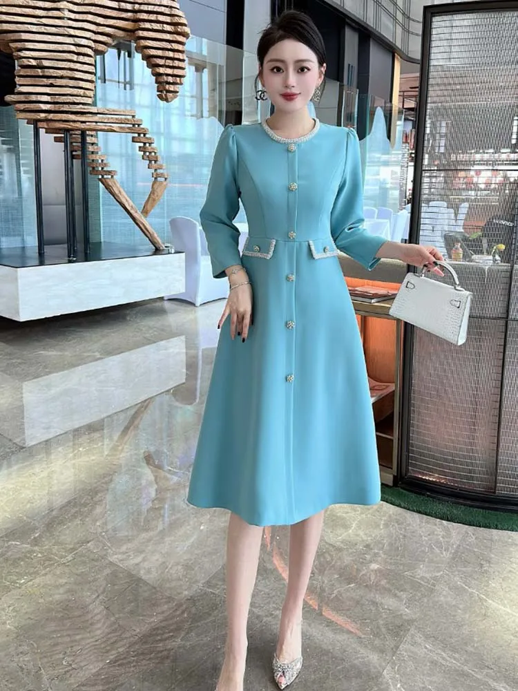 ZJYT Autumn Designer Beading Elegant Dresses for Women 2024 New Long Sleeve Solid Blue Casual Aline Midi Dress Female Vestidos