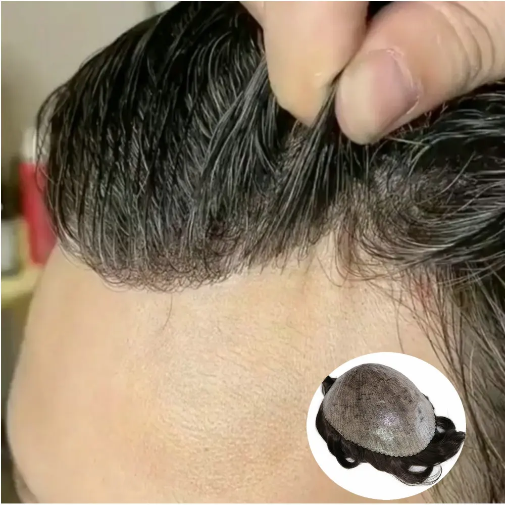 Toupee Micropele Durável para Homens, Nó Invisível, Linha Fina Natural, Peruca de Cabelo Humano, Prótese Completa PU, Preto, 1B Natural