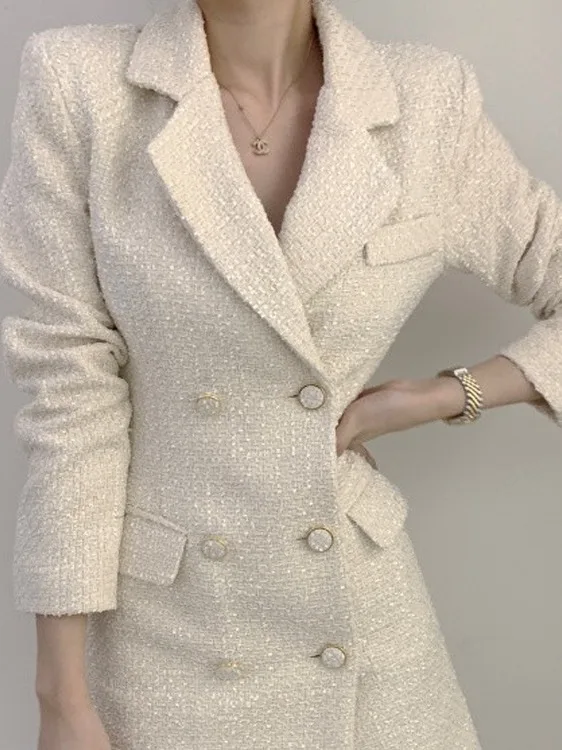 

Твидовое двубортное женское пальто в стиле ретро, ранняя осень, новое пальто с высокой талией, прямой крой, обычная длина све, китайское