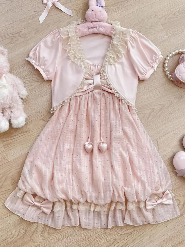 Sweet Summer New Shawl Bow Lace Short Sleeve Suspender Dress Two-piece Set Vintage Pink Polka Dot Flower Bud Kawaii Dresses New view 3