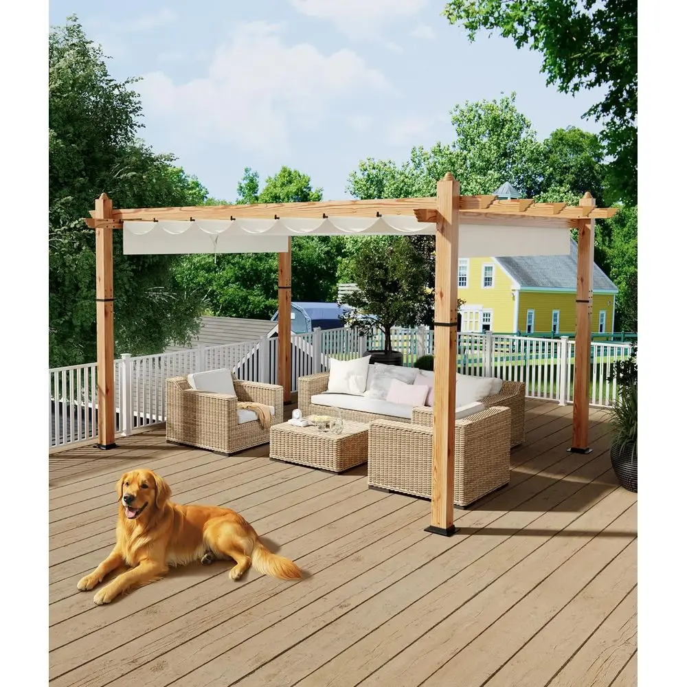 

10 x 13 ft Wood-Textured Pergola with Retractable Shade for Outdoor Patio or Garden Deck - Beige