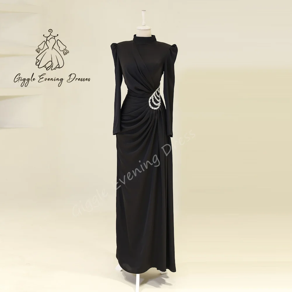 

Giggle Evening Dresses Straight Ruched O-Neck Beading elegant Crepe Long Sleeve Formal Saudi evening gala dress for women 2024