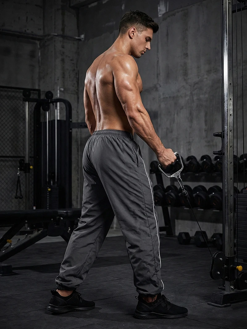 Trendige, sportliche Herrenhose mit Linien, Fitnessstudio, Workout, Laufhose mit Seitentaschen, sportliche, schnell trocknende, atmungsaktive Jogginghose – Detail 28
