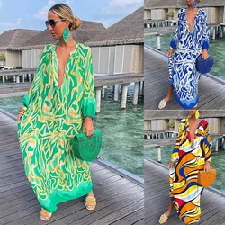 Women's autumn fashion V-neck sexy loose long sleeved printed dress