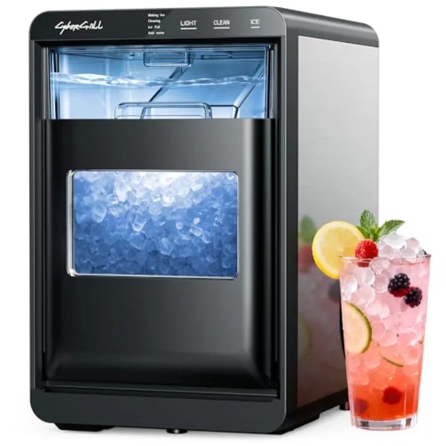 

Countertop nugget ice maker for home/kitchen/office use, stainless steel body, silver color, 44lbs/day output, chewable pellet