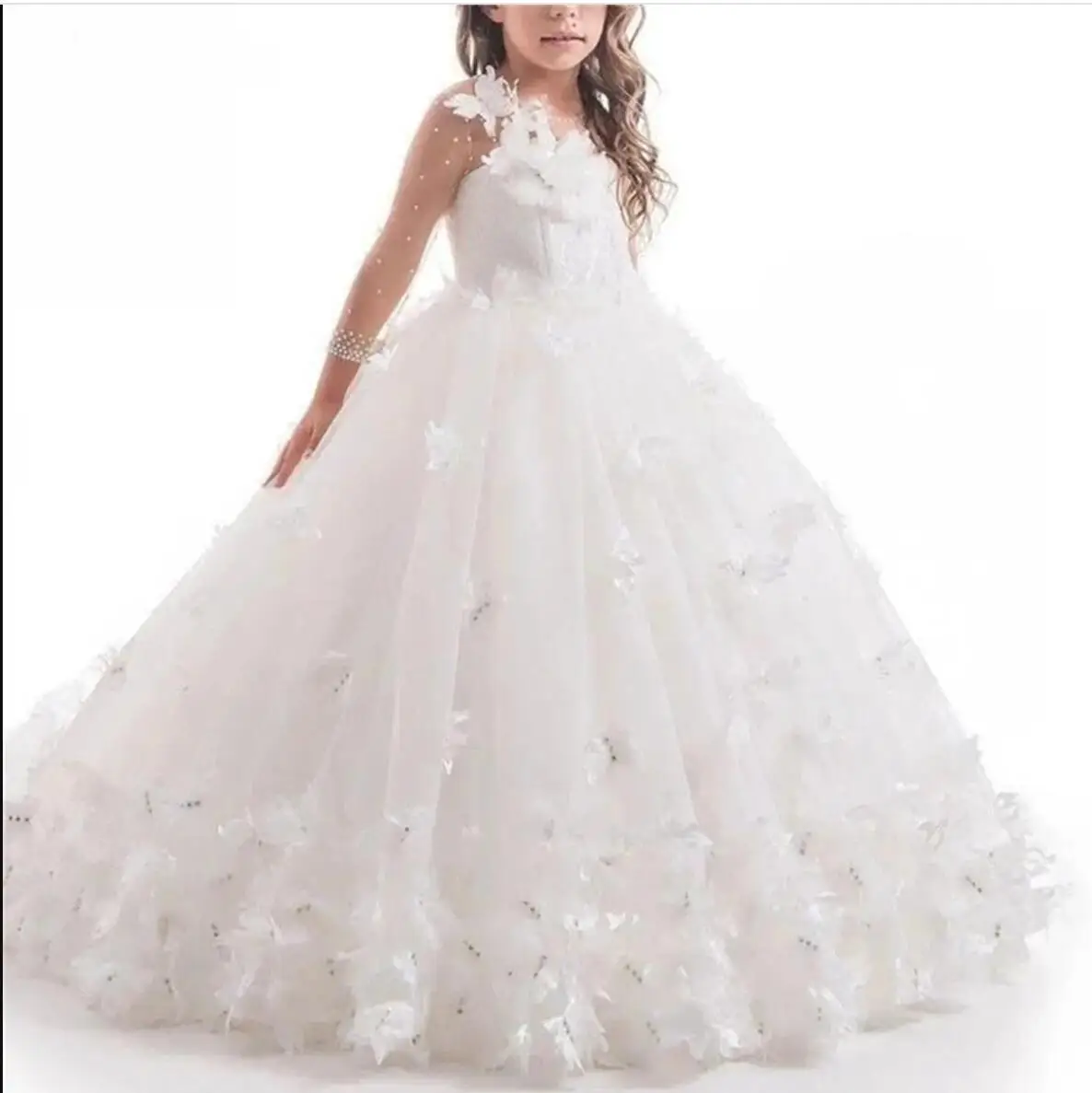 Vestidos blancos de flores para niña, apliques de tul con mariposa, manga larga para boda, fiesta de cumpleaños, vestido de primera comunión