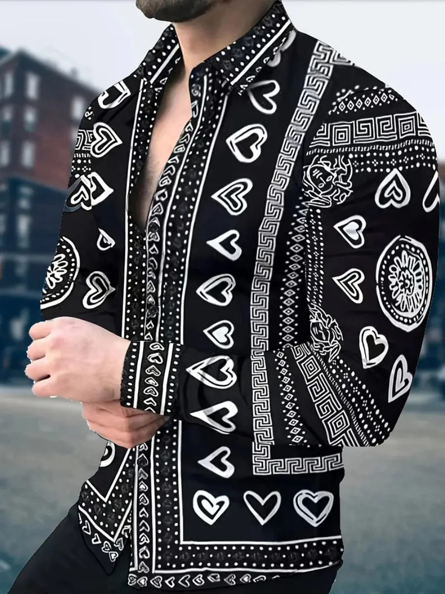 قميص رجالي جديد - قميص مطبوع ثلاثي الأبعاد - نمط الشارع في الهواء الطلق - ملابس بأزرار بأكمام طويلة - ملابس عصرية كبيرة الحجم