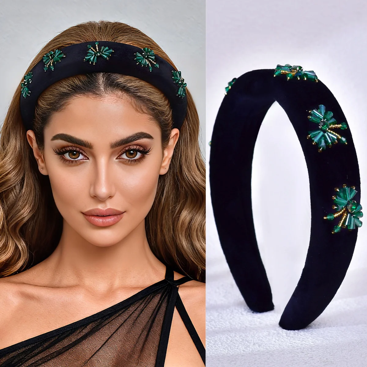 

Solid Green Crystal Bow Hairband Luxury Velvet-Lined High Crown Hairband Hair Accessory Everyday Party Adult Headpiece SA73