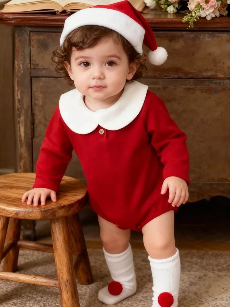 

Корейская осенне-зимняя красная праздничная рождественская одежда для мальчиков и девочек, детская бархатная одежда, модный костюм для ползания с рождественскими шапками