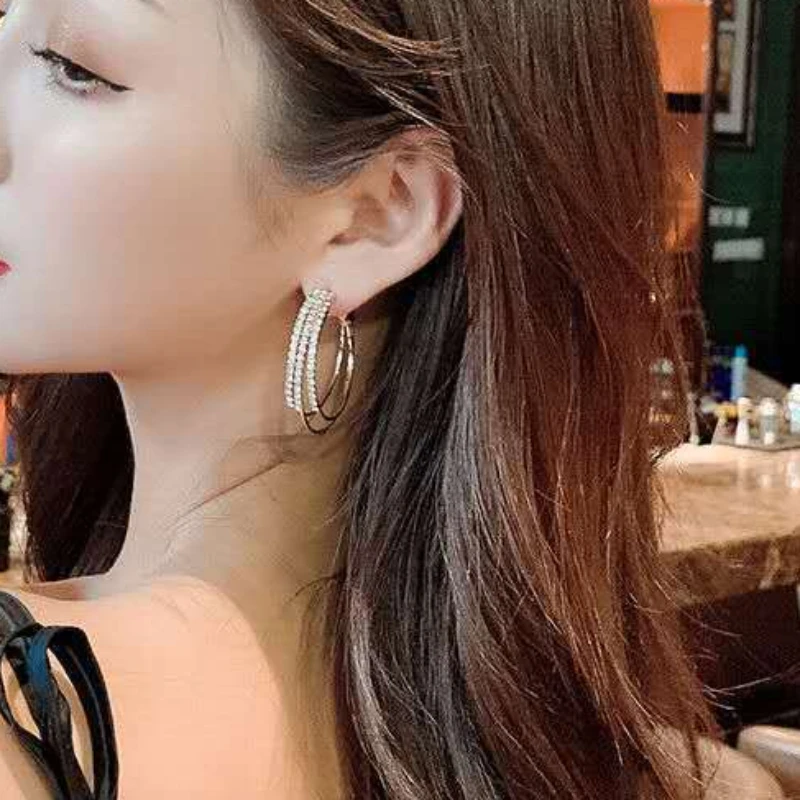 Big Hoop Earrings For Women Girls Elegant Circle Crystal Rhinestone Earrings Gold Silver Color Round Earings Party Jewelry Gift