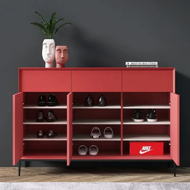 Italian Minimalist Rice Gray Shoe Cabinet Home Storage Porch Cabinet Door Integrated Partition Ultra-thin Design