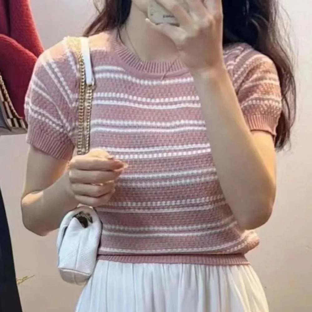 Ins قصيرة الأكمام المحاصيل الأعلى سليم صالح الحلو شريط محبوك تي شيرت قاع قميص الملابس النسائية تريكو النساء الإناث