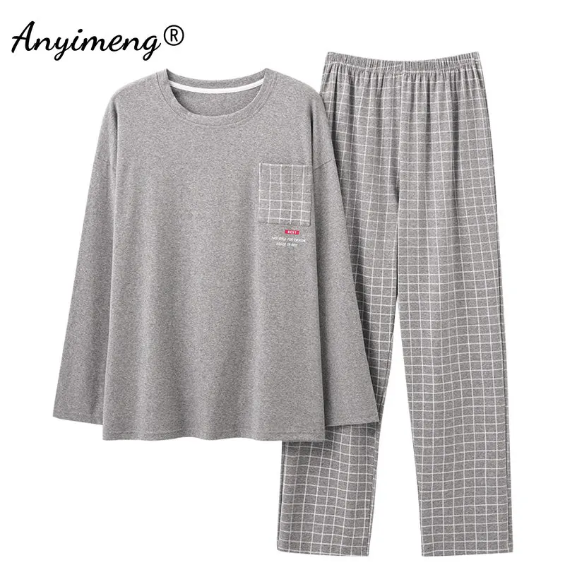 L-4XL ผู้ชายฤดูใบไม้ร่วงฤดูหนาวผ้าฝ้ายนุ่มชุดนอน Sleepwear ความยาวเต็ม Pijamas Elegant พลัสขนาดรอบคอชุดนอน