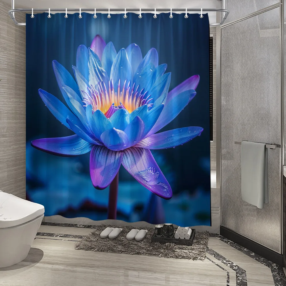 

1pc Vibrant Water Lily Shower Curtain - Deep Blue to Purple Gradient with Radiant Orange and Yellow Center, Fresh Nature Photogr