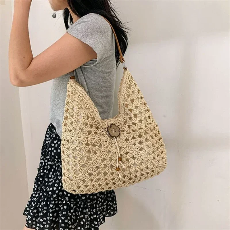 New Toth Hollow Woven Beach Shoulder Straw Bag Top-handle Soft Tote Holiday Armpit Large Capacity Commute Sac Poplene Femme