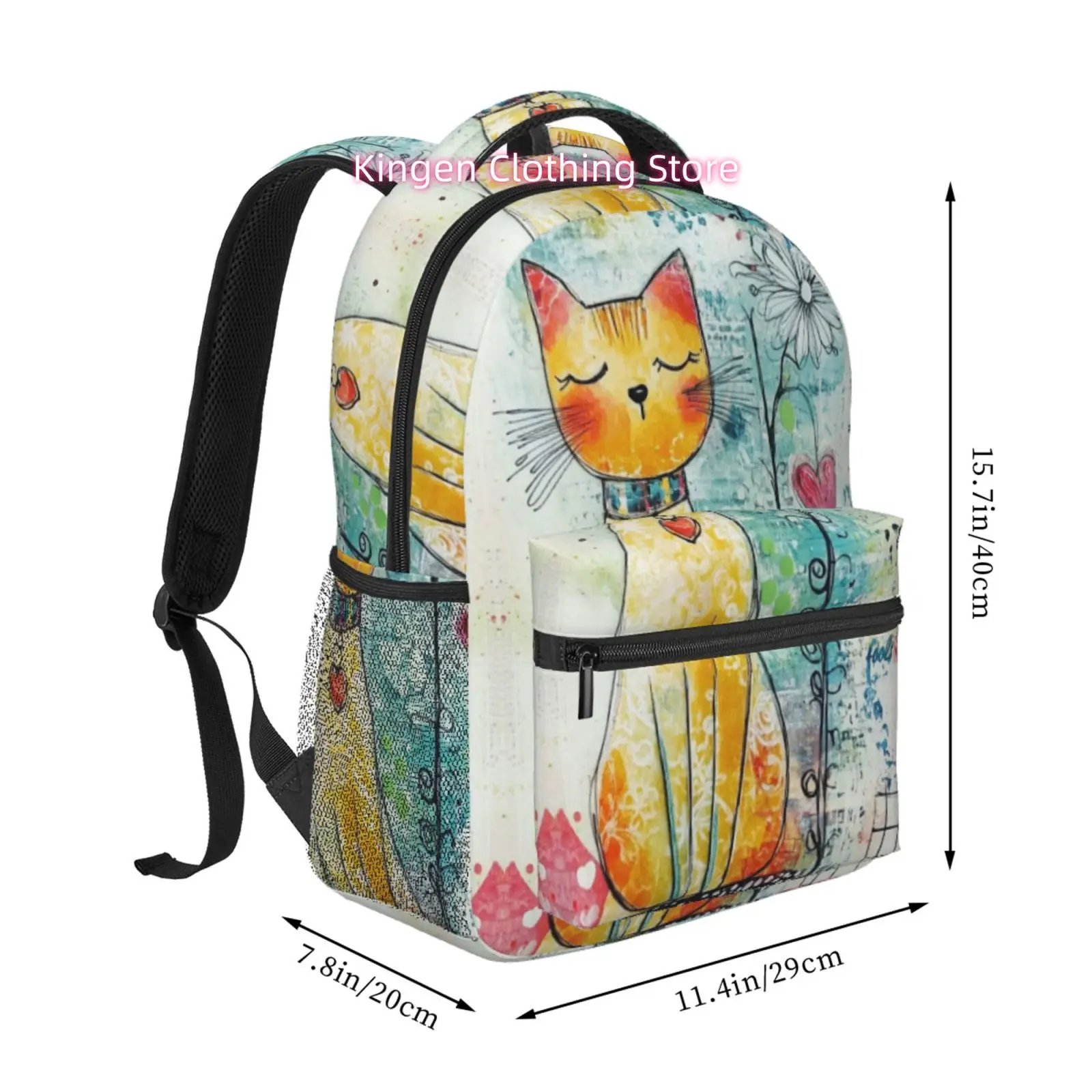 Whimsical Mixed Media Cat Print Backpack, High Quality Oxford Cloth, for Commuting and Work