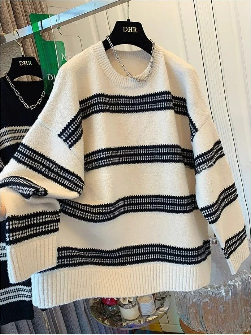 

Мужской свитер оверсайз 300 Pou American Lazy Style с цветными полосками, вязаный, осенне-зимний, свободный, повседневный, с длинными рукавами