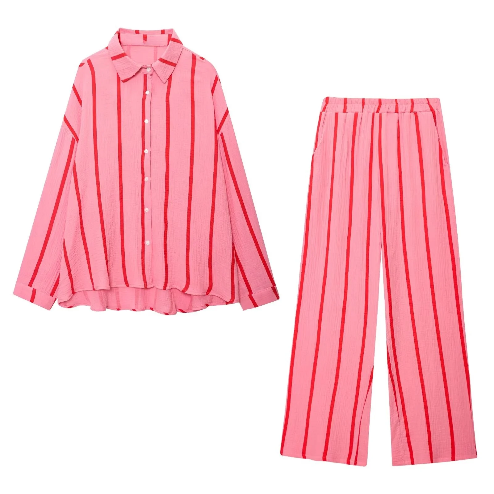 

MYST&ZA2025 new summer women's casual simple striped square collar long-sleeved shirt top + elastic waist wide-leg trousers